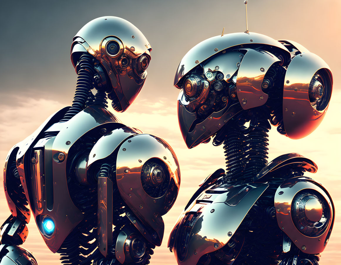 Intricately designed humanoid robots gaze at each other under sunset sky