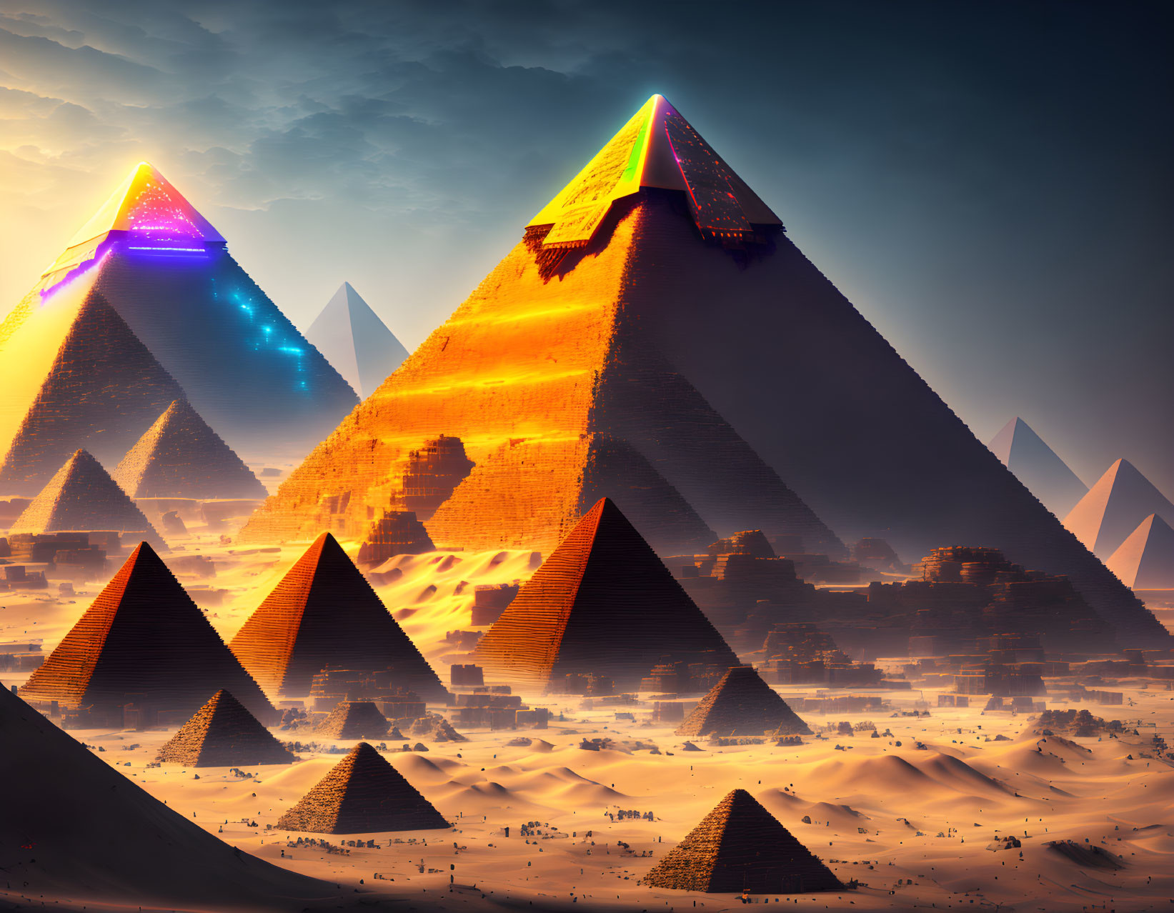 Glowing pyramids in desert landscape at sunset