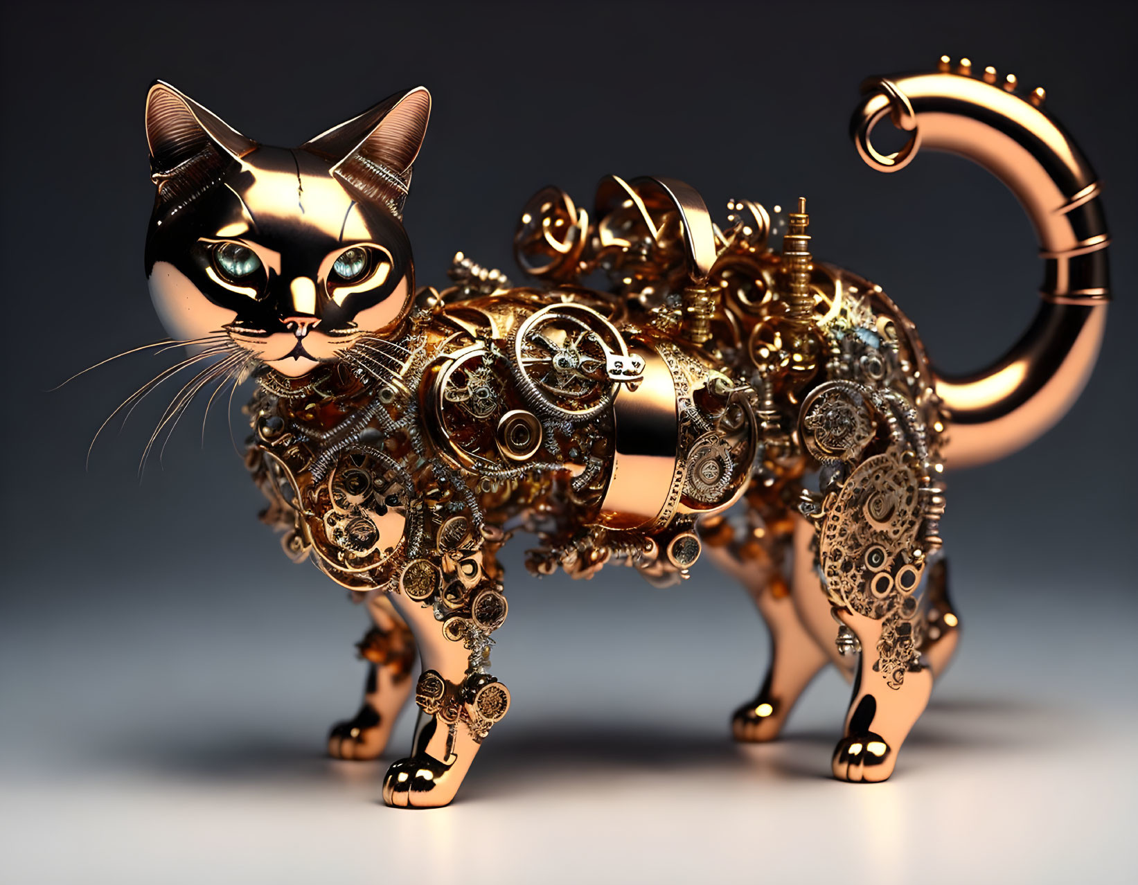 Metallic Steampunk Cat Sculpture with Gold and Silver Gears