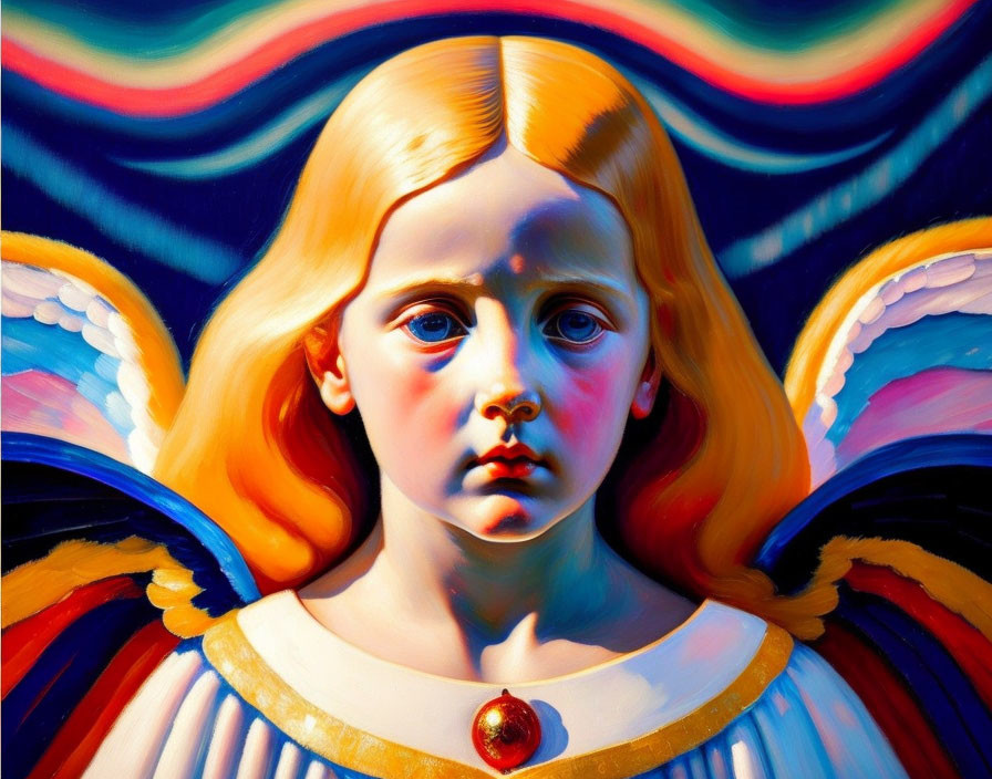 Colorful painting of child with angel wings on vibrant background.