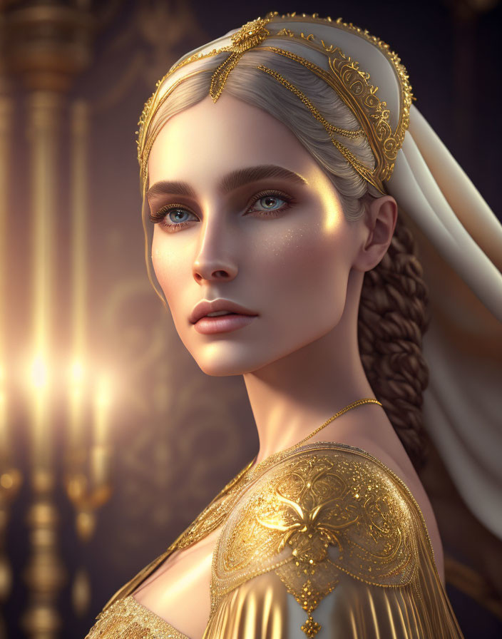 Regal woman with braided hair and golden headdress in ornate setting