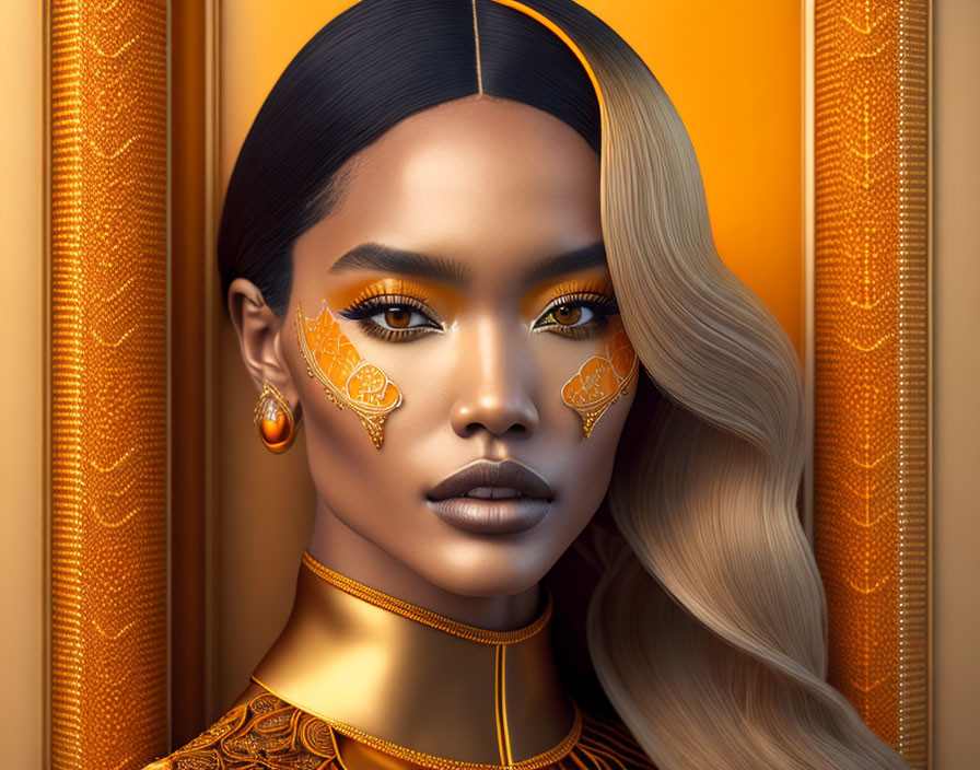Woman with Striking Makeup and Golden Jewelry on Ornate Orange Backdrop