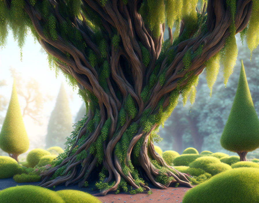 Majestic twisted tree in whimsical forest setting