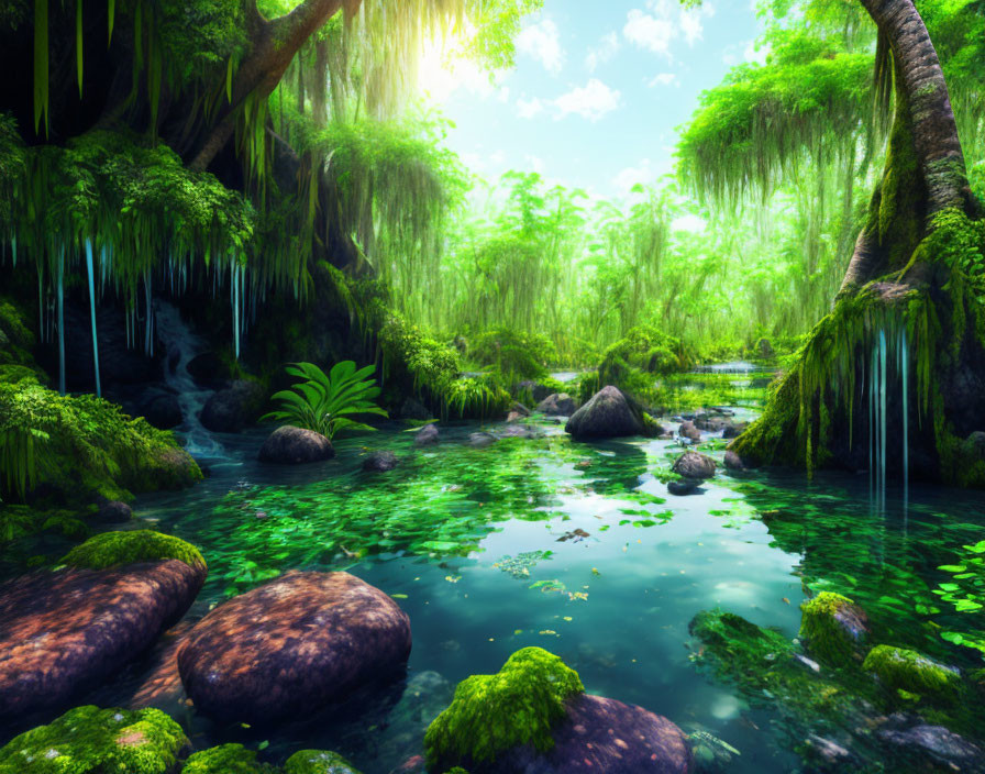 Serene forest scene with mossy trees, stream, and sunlight
