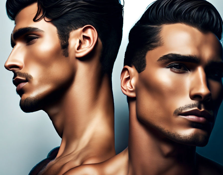 Model with Strong Facial Features and Styled Hair in Mirrored Image