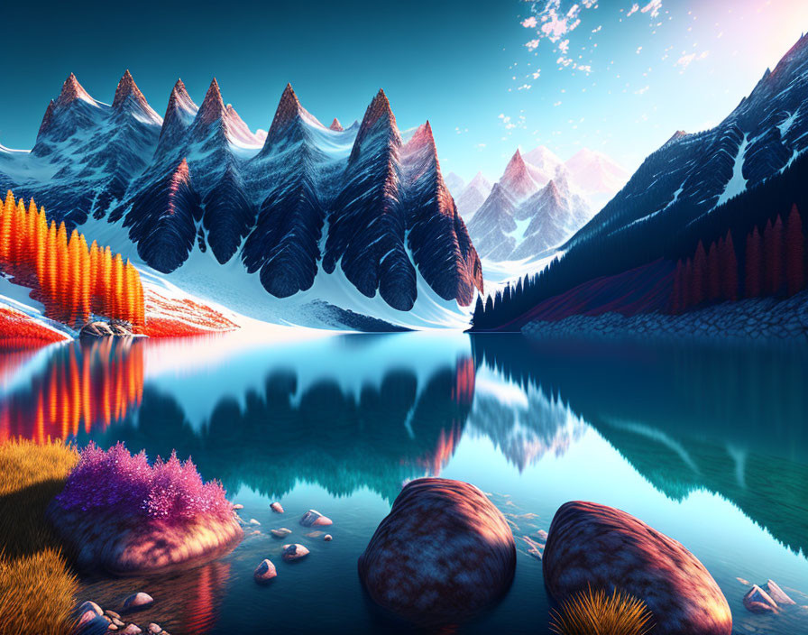Surreal landscape with inverted mountain peaks above tranquil lake