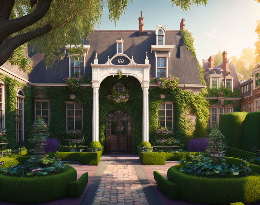 Elegant house with green ivy facade, arched entrance, symmetrical garden