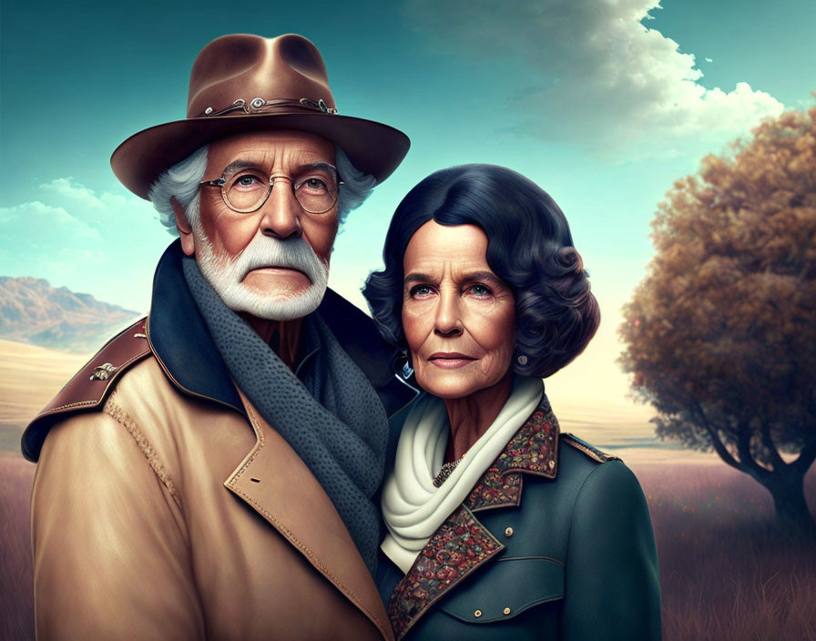 Elderly animated couple in field, man in hat and coat, woman with scarf, gazing