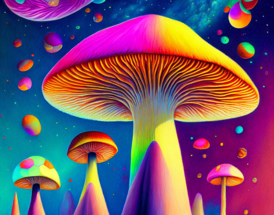 Colorful Mushroom Illustration Under Starry Sky with Nebula