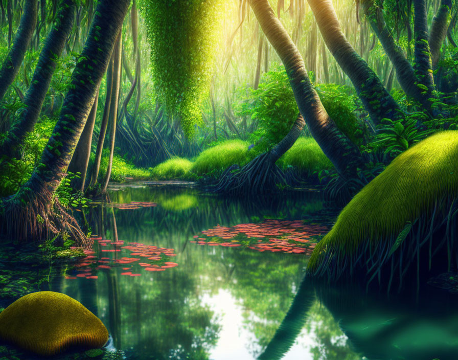 Tranquil forest scene with tall trees, river, sunlight, and water lilies