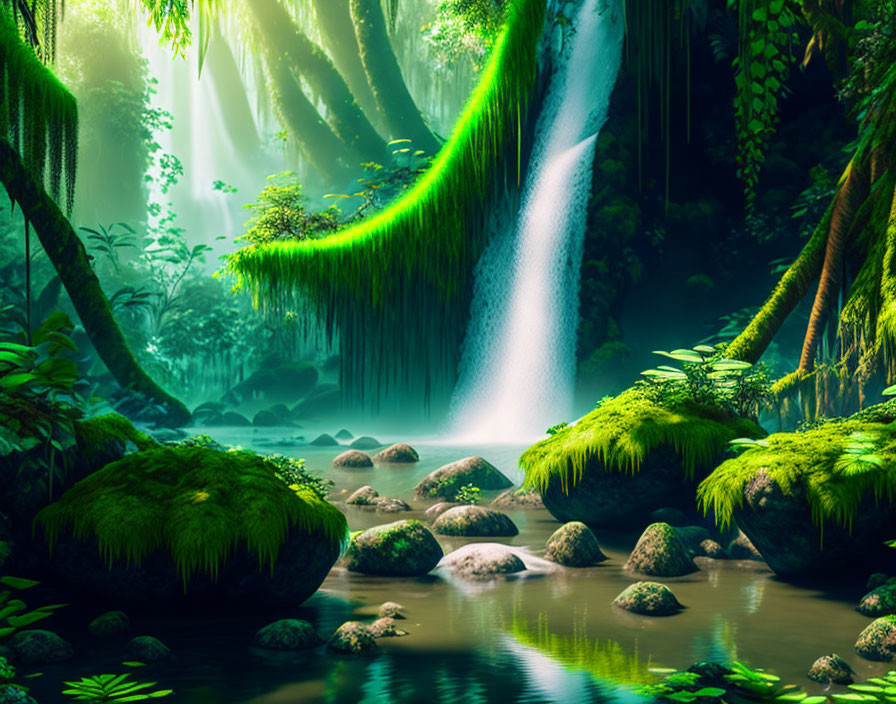 Mystical jungle waterfall with sunbeams, moss-covered rocks, and serene river