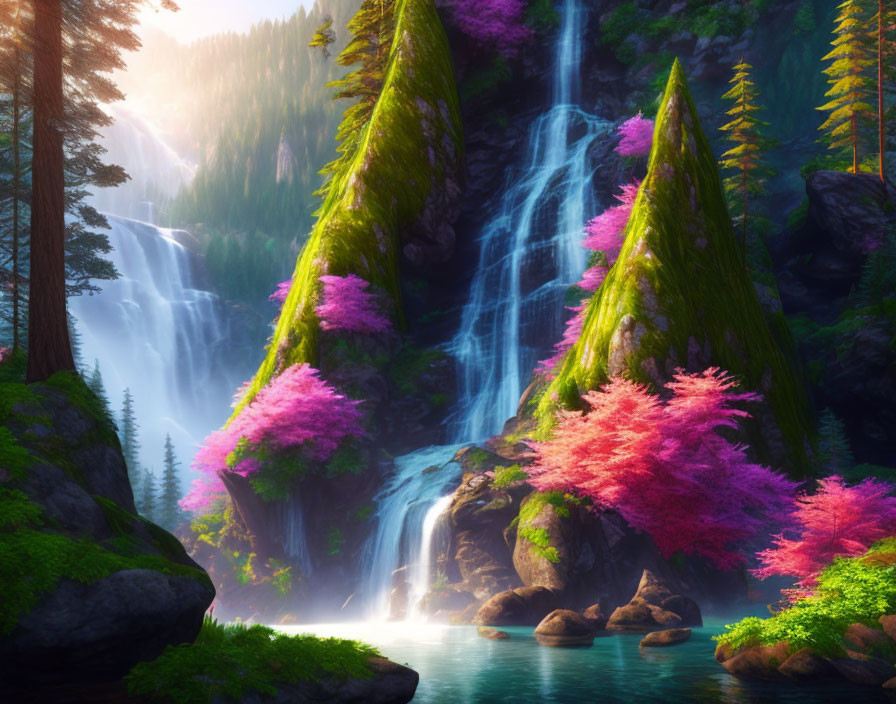 Vibrant forest waterfall with pink foliage trees