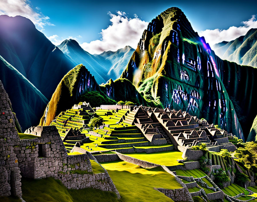 Ancient Inca ruins of Machu Picchu in sunlight among lush mountains