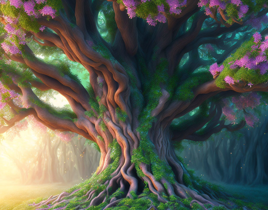 Majestic twisted tree with pink blooms in mystical forest