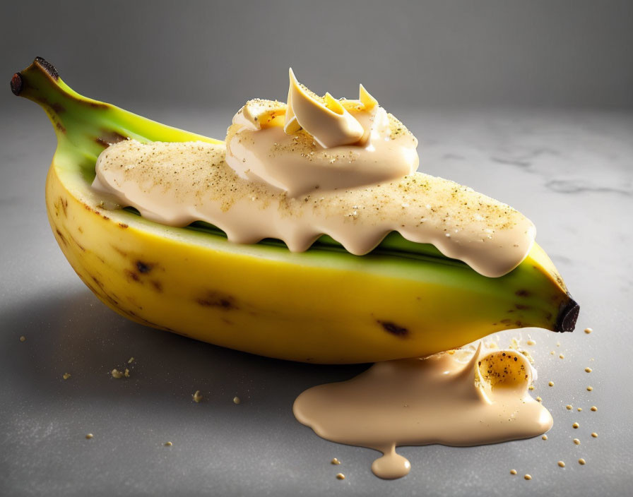 Ripe banana split with whipped topping and spices on grey background
