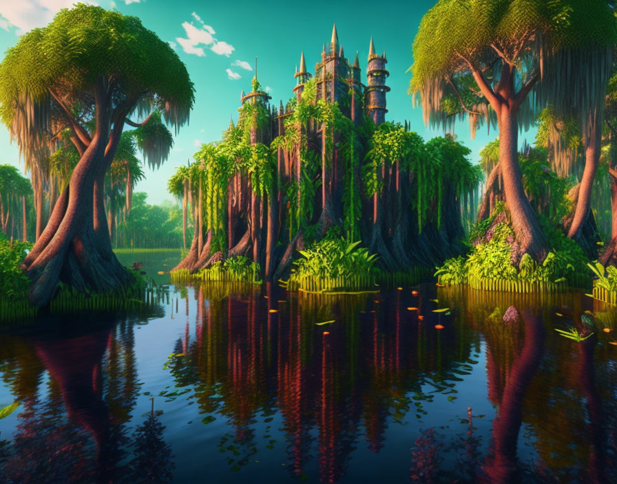 Mystical fantasy landscape with towering trees, castle, and reflective water