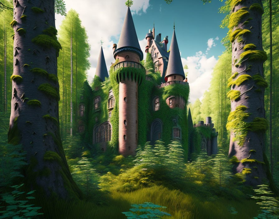 Castle with Multiple Spires in Lush Forest Sky