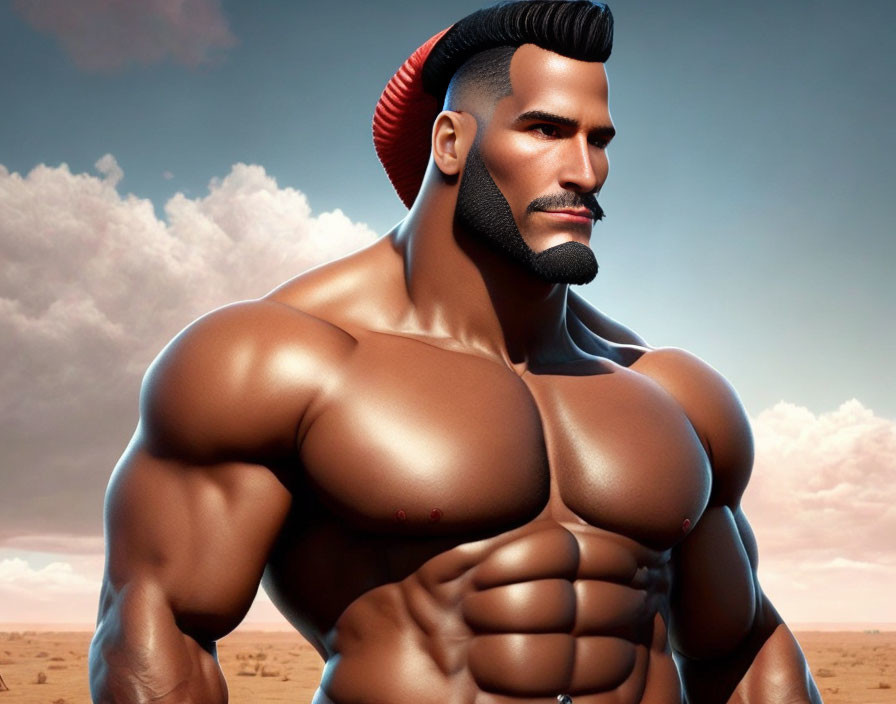 Muscular animated character with beard and red mohawk in desert setting
