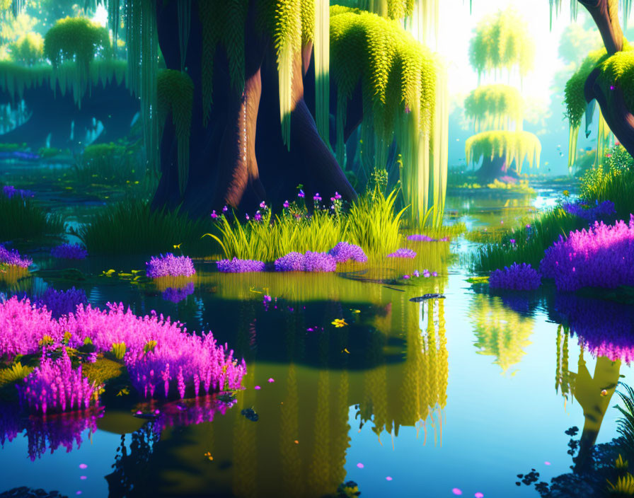 Fantastical forest scene with lush green trees and purple flora