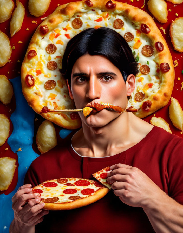 Person eating pepperoni pizza with pizza-themed backdrop and garlic knots