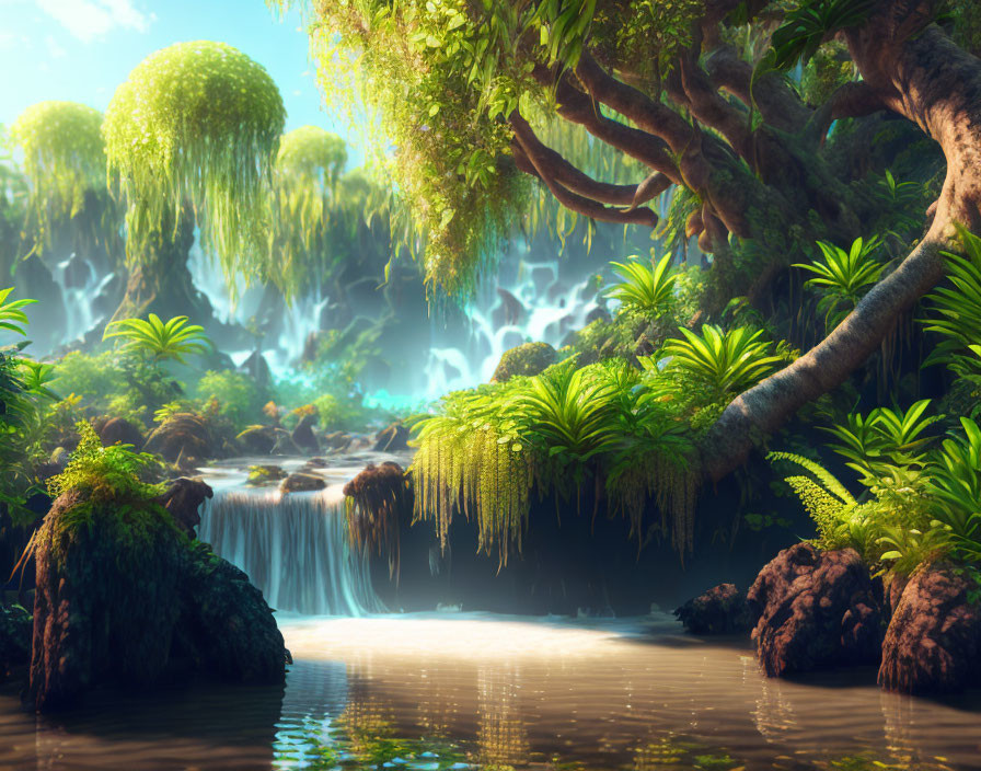 Tranquil digital art: Mystical forest with waterfalls