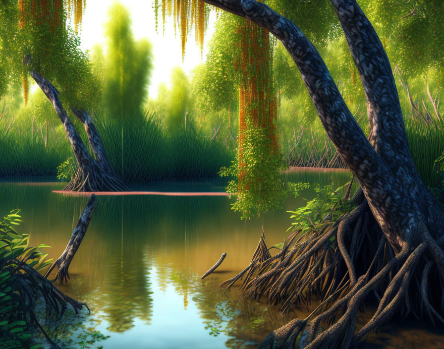 Tranquil forest landscape with curving trees and reflective water