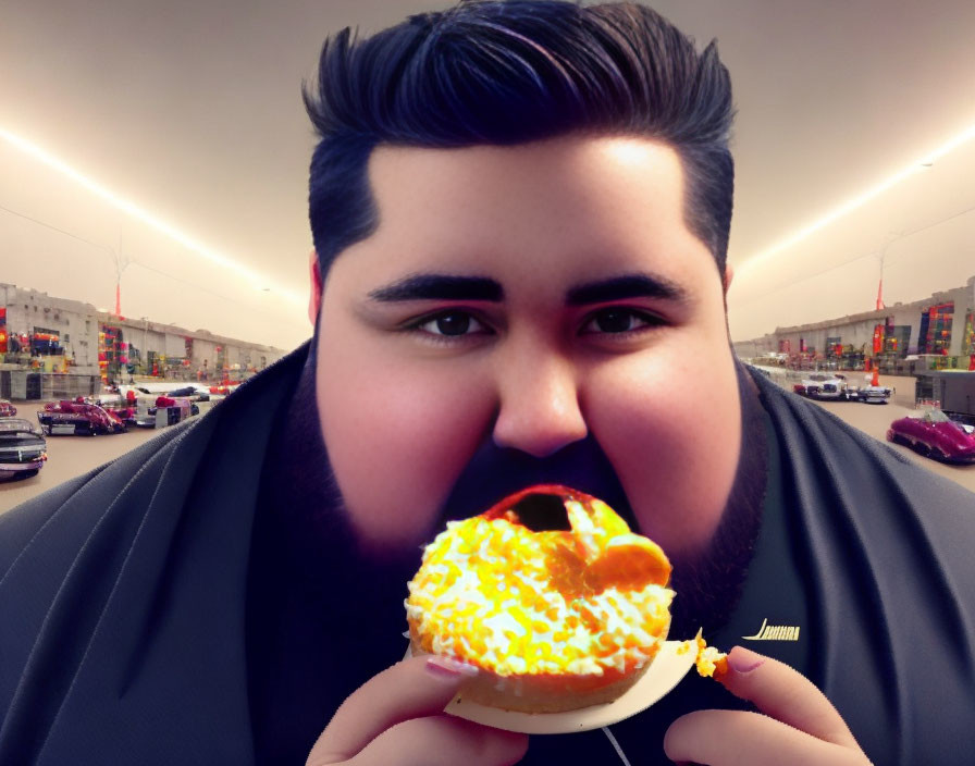 Digitally altered image: Person with oversized head and small body eating sprinkle-covered doughnut in city street