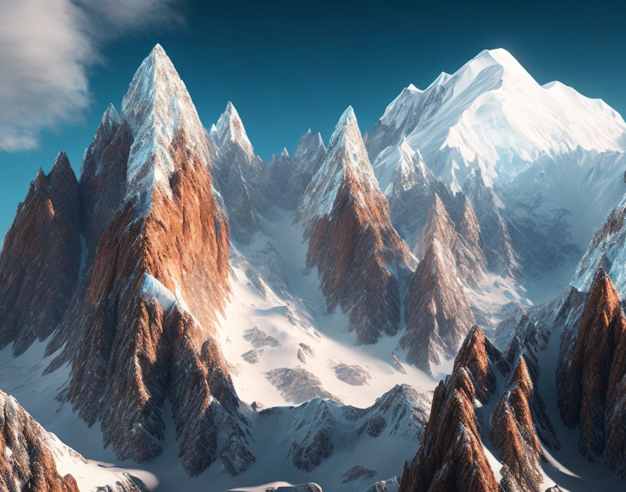 Snow-capped mountains under clear blue sky with sharp rocky peaks.