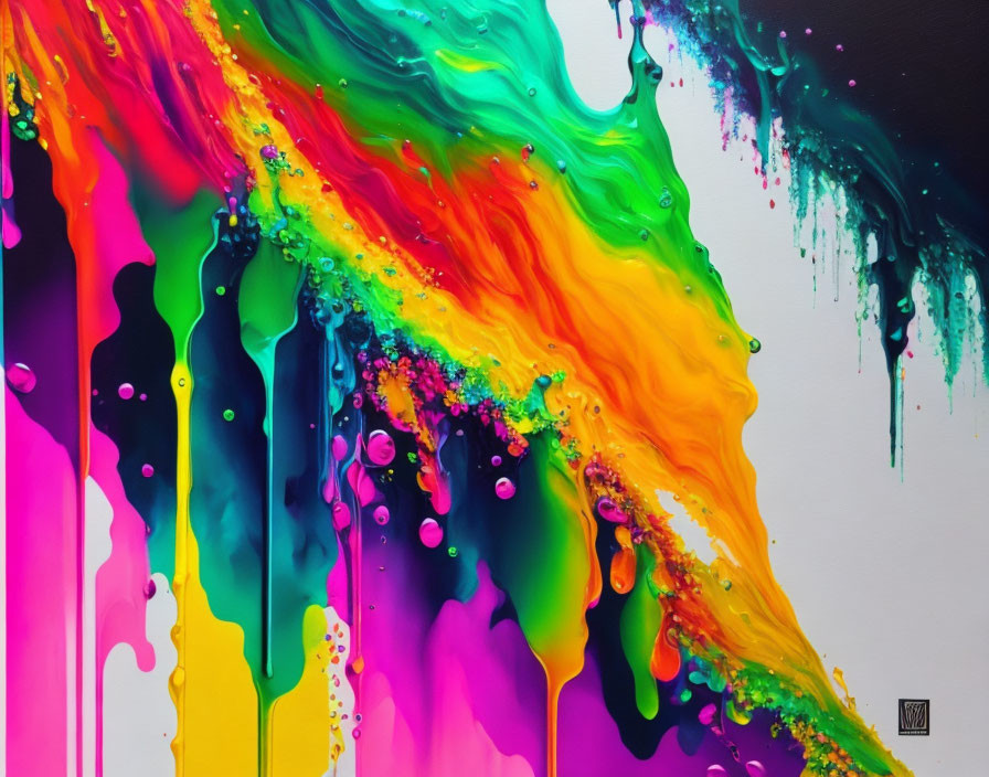 Abstract rainbow effect with vibrant multicolored paint drips on canvas