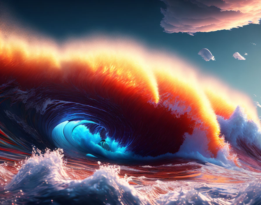 Digital Art: Massive Wave in Fiery Orange, Deep Blue, and White Foam