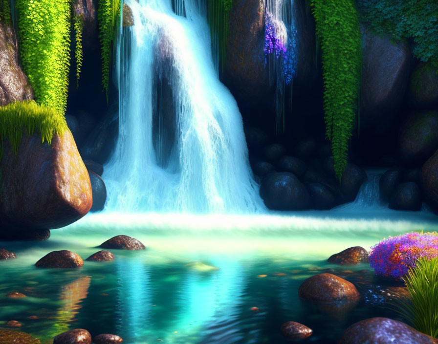 Tranquil waterfall surrounded by greenery, mossy rocks, and azure pond.