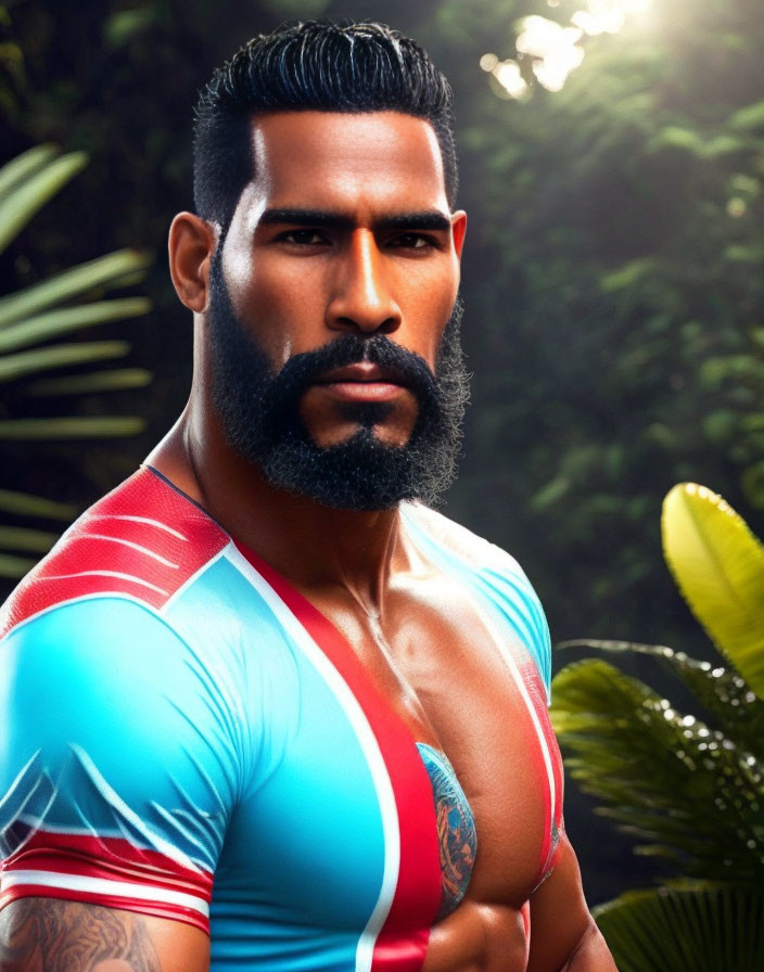 Styled bearded man in sporty jersey poses confidently against foliage backdrop