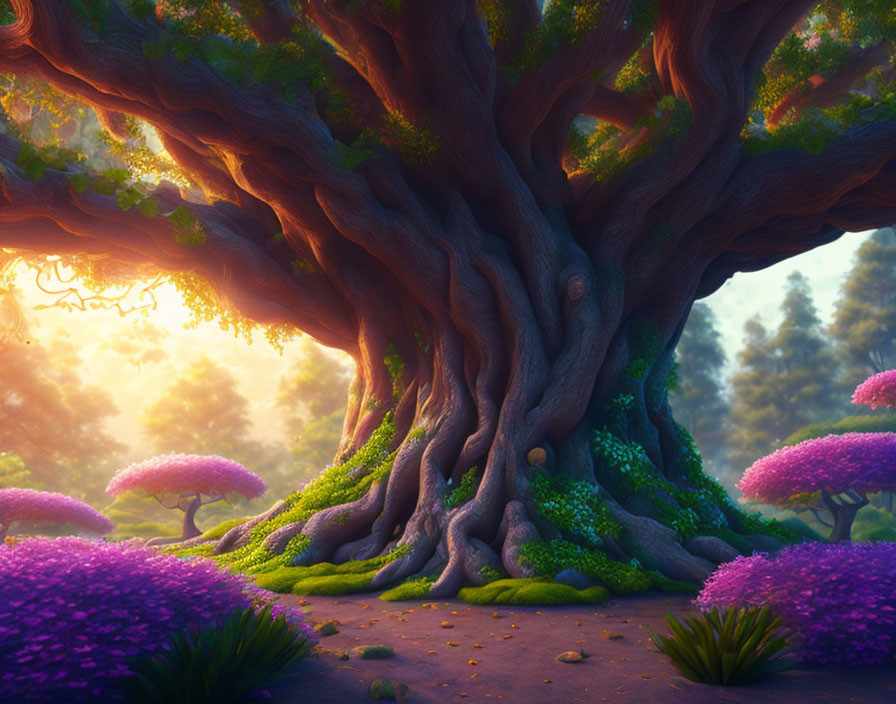 Majestic tree in vibrant fantasy landscape with pink foliage and purple flowers
