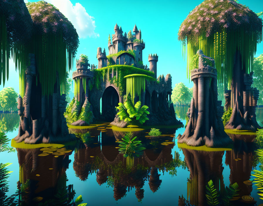 Enchanting castle on island in 3D-rendered landscape