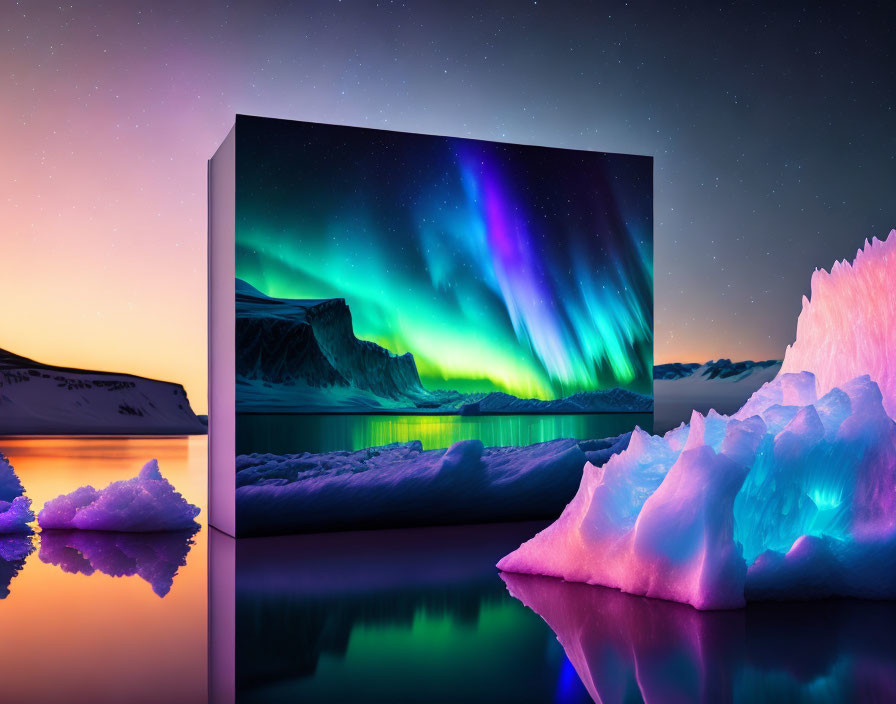 Spectacular aurora borealis over snowy landscape and TV screen replication