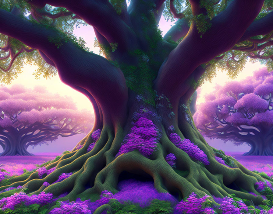 Majestic fantasy tree with expansive roots in a purple flower meadow