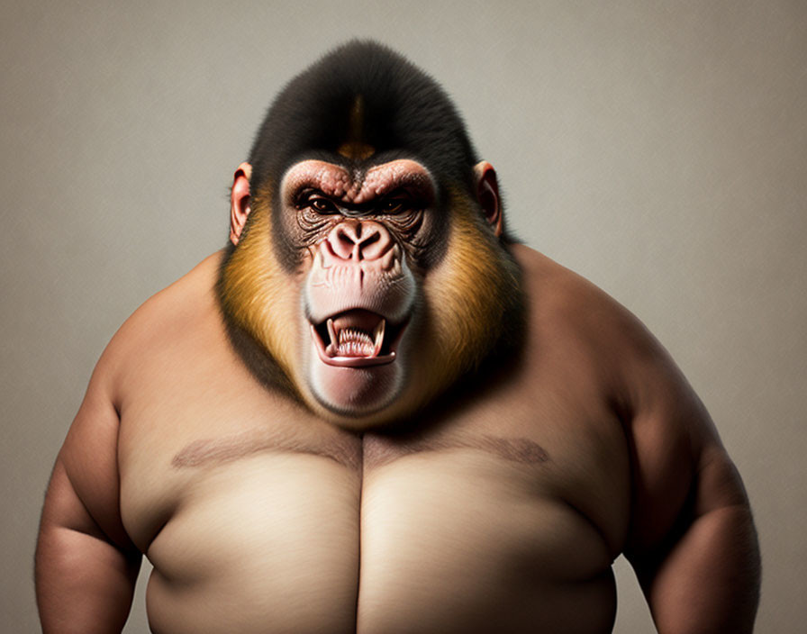 Muscular gorilla illustration with human-like body on beige background