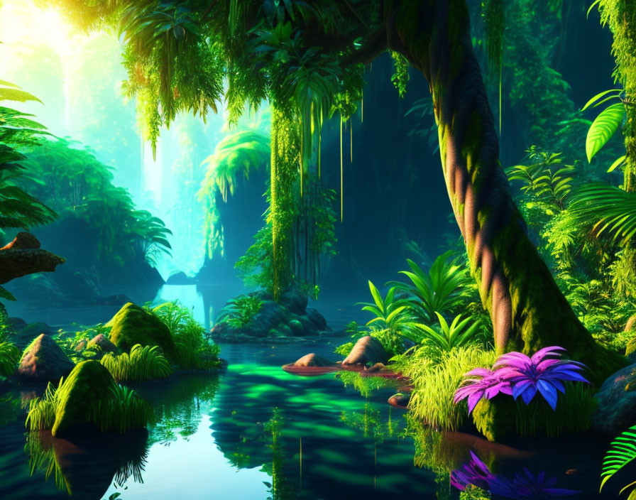Tranquil river in lush tropical forest with vibrant foliage