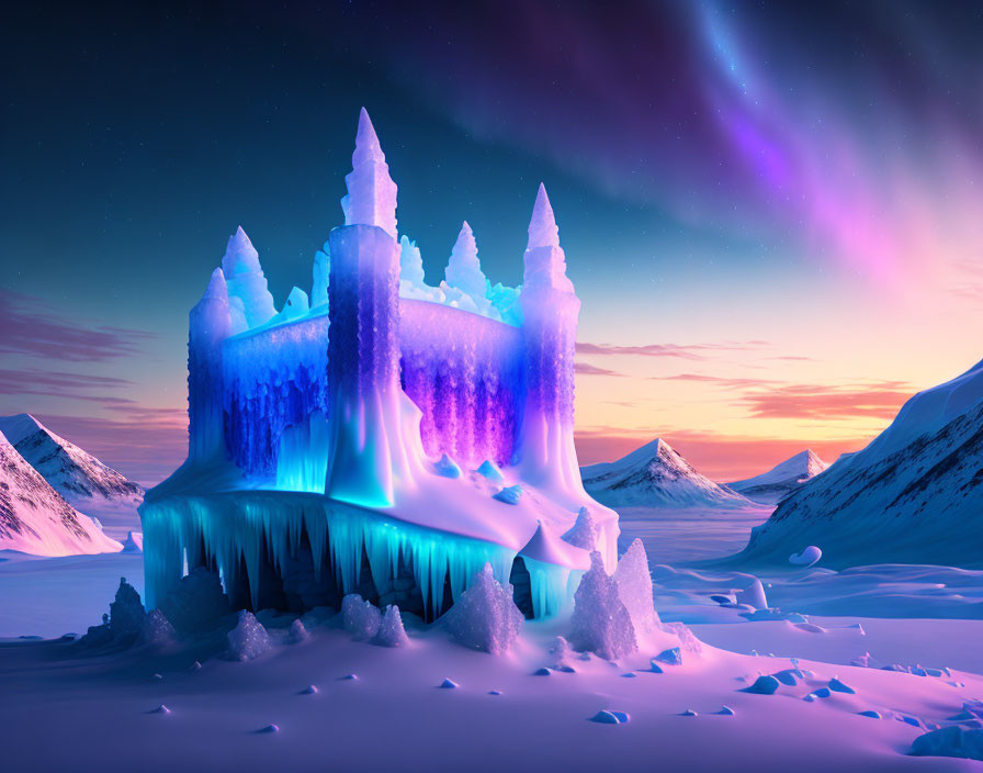 Illustration of ice castle under twilight sky with northern lights, snowy mountains.