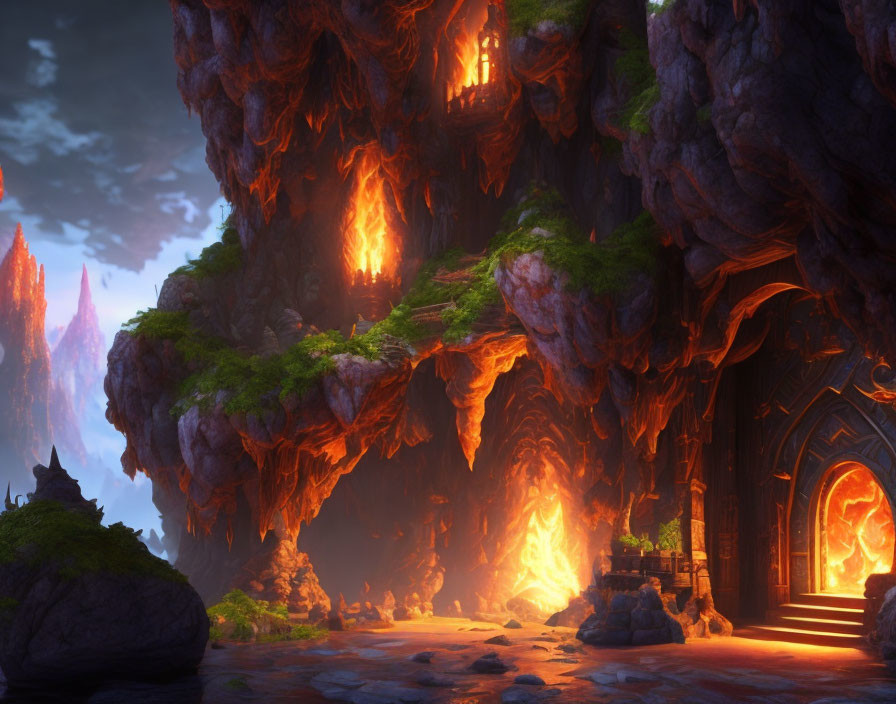 Fiery Cave with Glowing Entrance and Lava Streams