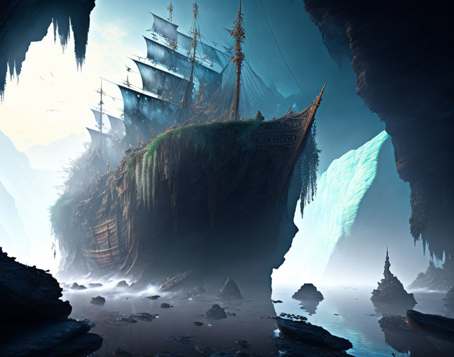 Shipwreck on Floating Island in Icy Cave with Glowing Blue Light