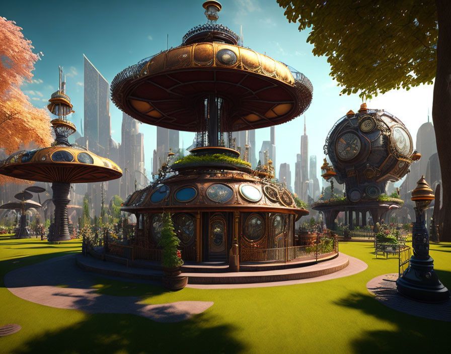 Futuristic city park with flying saucer-like buildings and lush trees