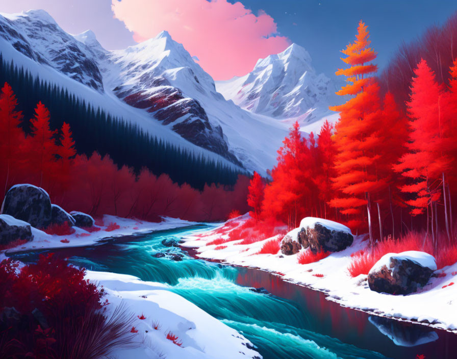 Serene river in snowy landscape with red foliage and pink sky