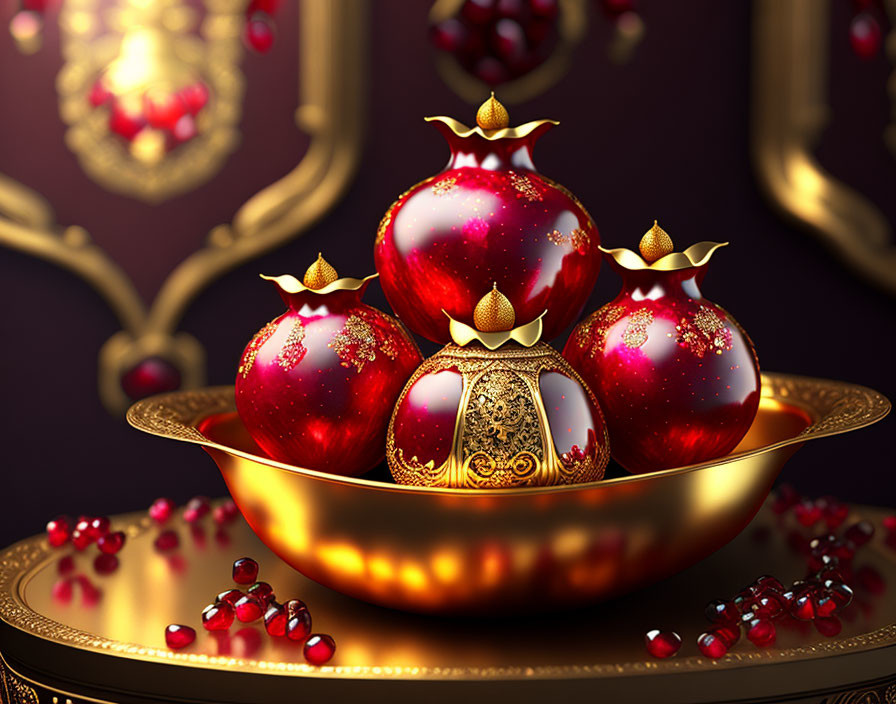 Luxurious Golden Bowl with Red and Gold Baubles on Purple Background