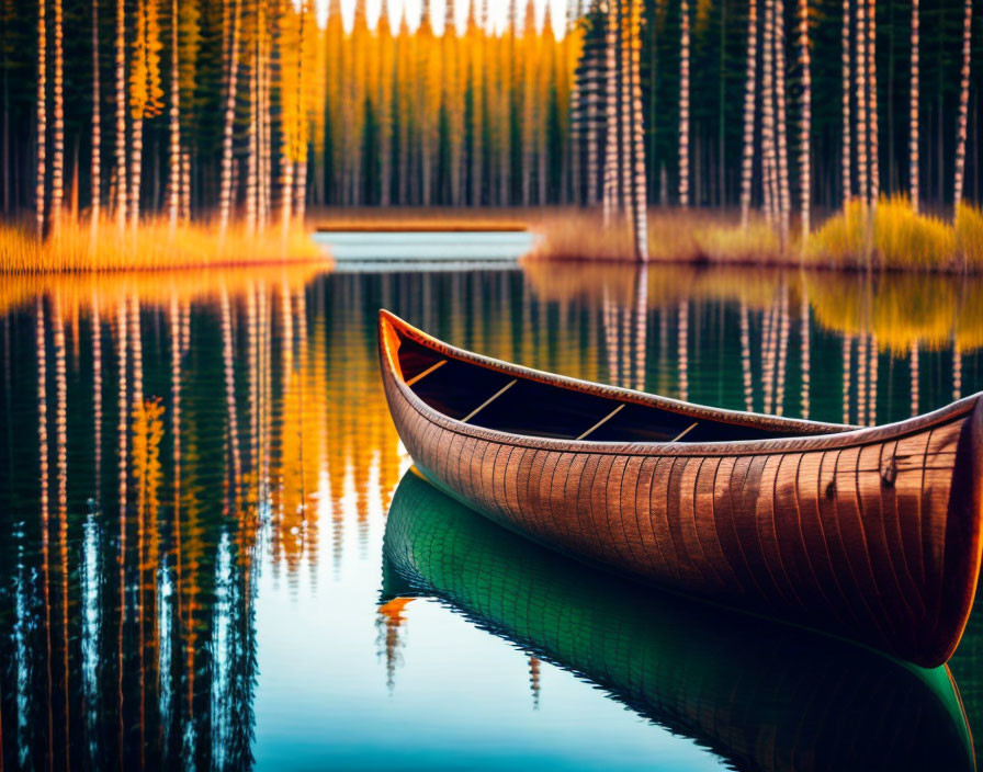 Tranquil lake scene with wooden canoe, autumn forest reflection