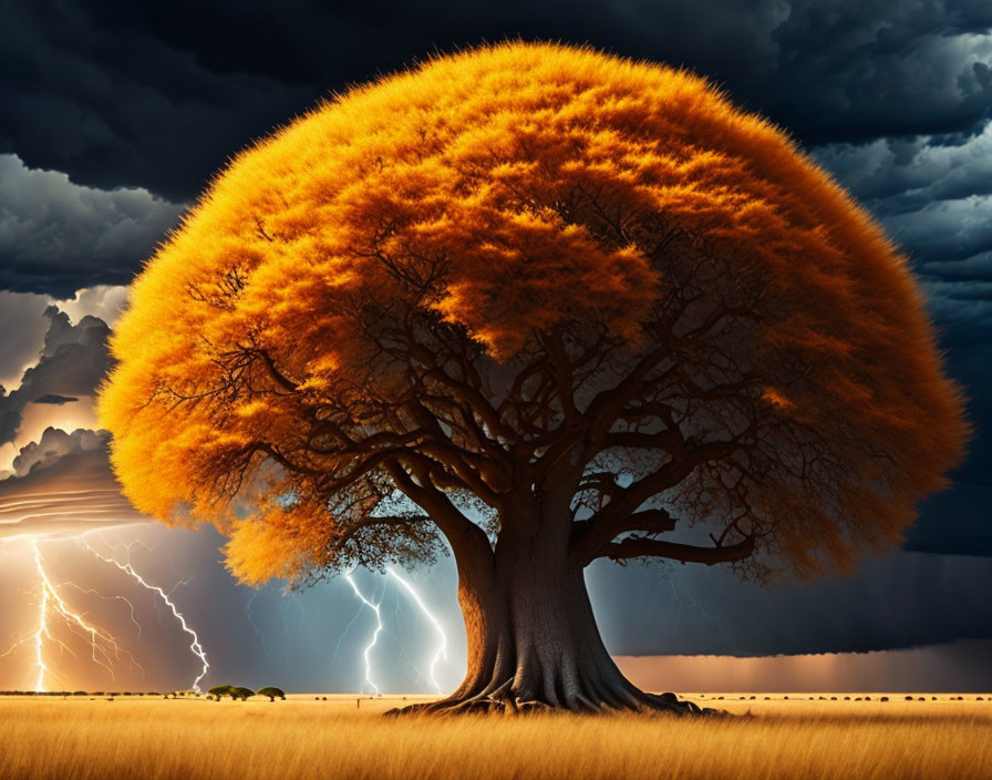 Majestic tree with thick trunk and orange canopy in savanna under dramatic sky