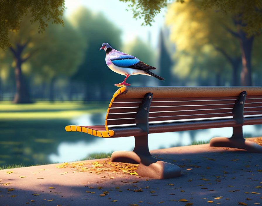 Colorful pigeon on park bench by calm lake with autumn leaves and soft morning light