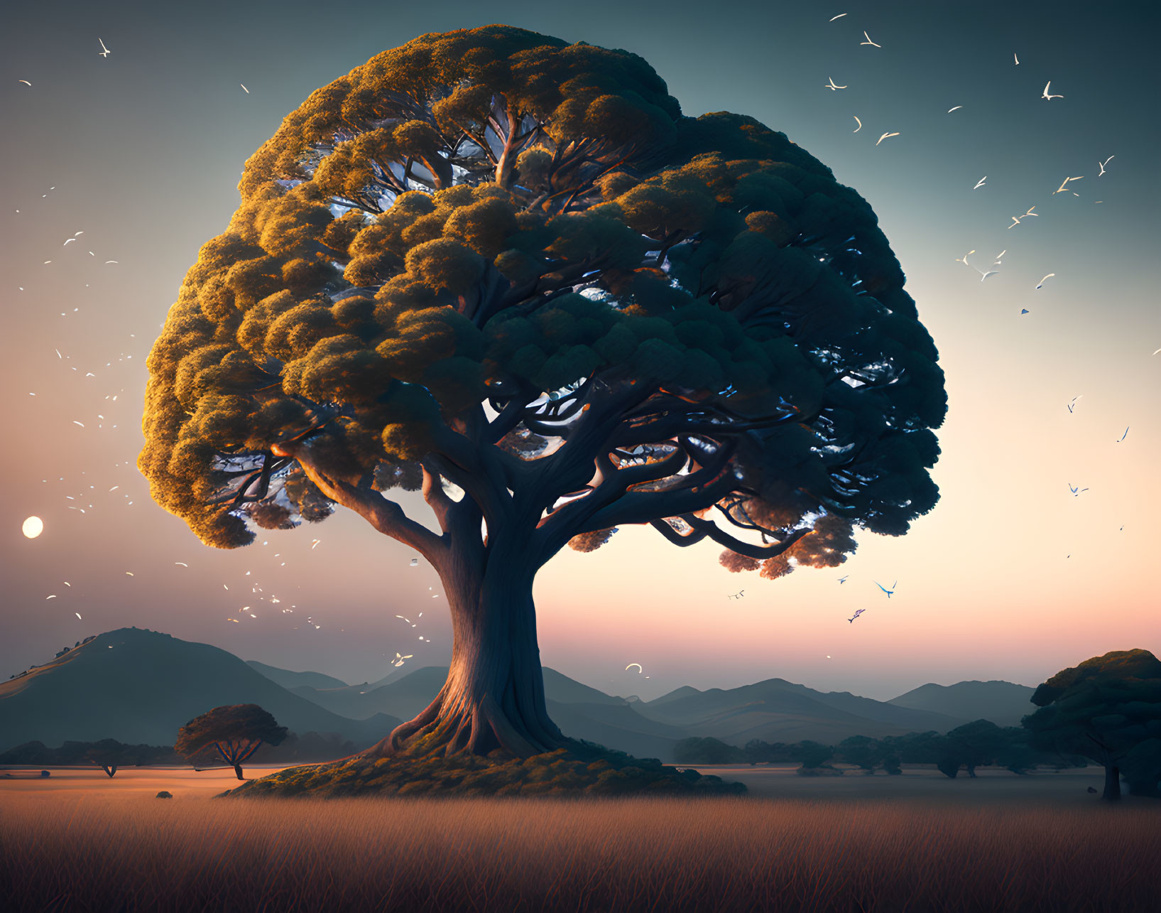 Majestic tree with thick trunk and lush canopy in serene field at dusk