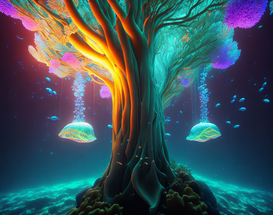 Colorful underwater scene with glowing tree and jellyfish-like creatures