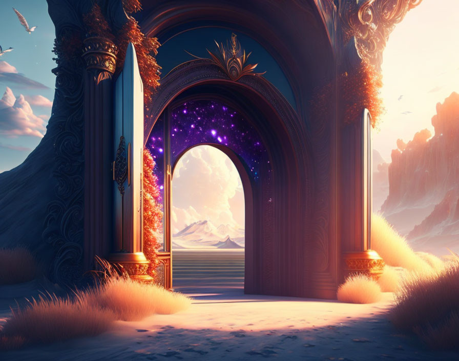 Elegant open doorway to cosmic landscape under sunset sky